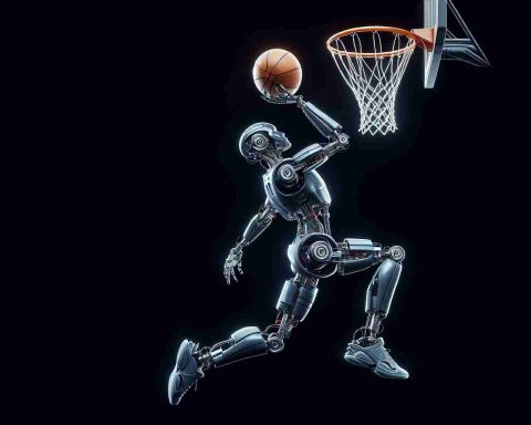 A high-definition, realistic image of an extraordinary basketball-playing robot. The machine is designed with a sleek, metallic body, exhibits an advanced level of agility and precision. It’s in the middle of action, shooting a basketball into the hoop with impeccable accuracy, showcasing the achievement of a remarkable record.