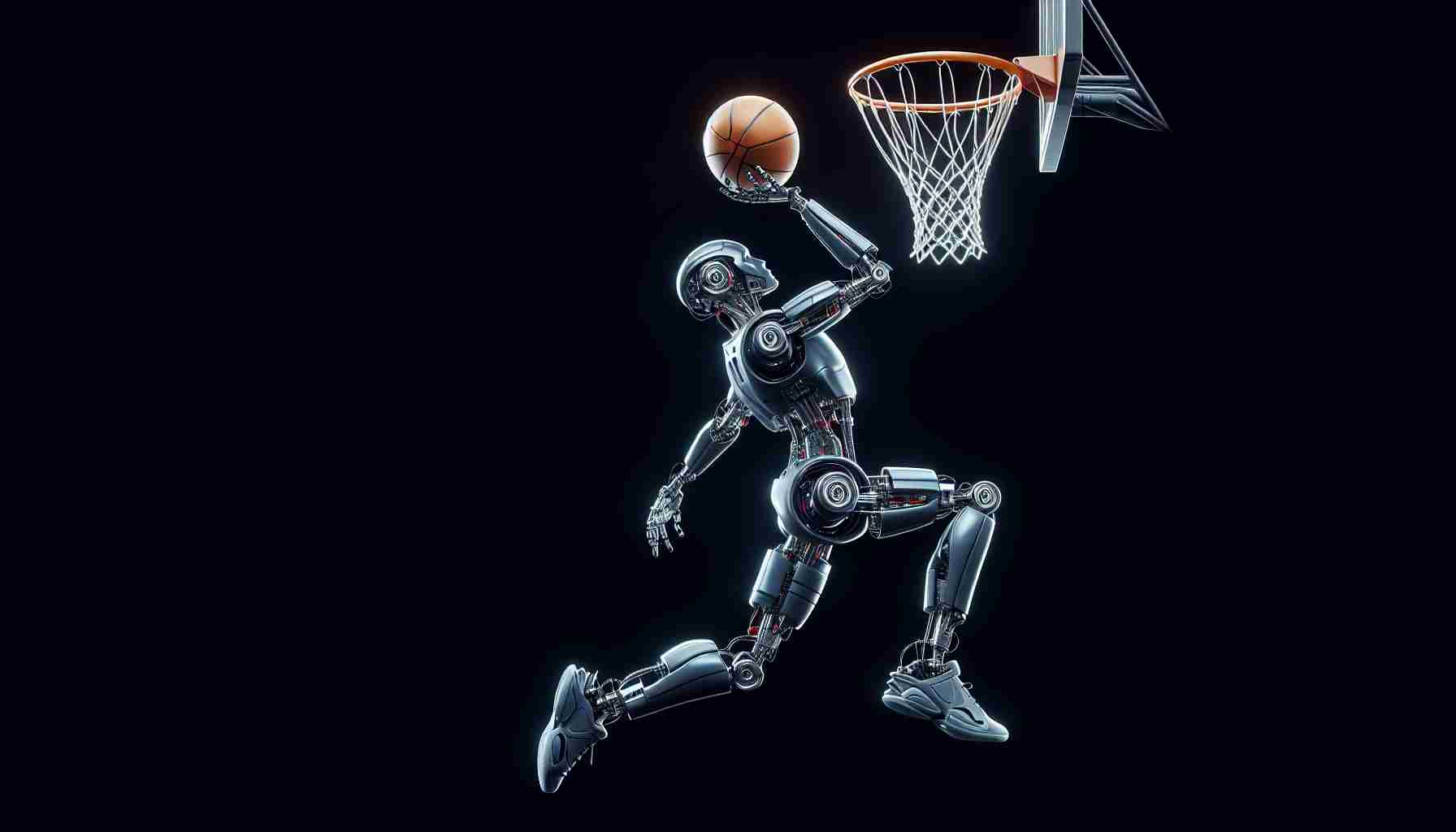 A high-definition, realistic image of an extraordinary basketball-playing robot. The machine is designed with a sleek, metallic body, exhibits an advanced level of agility and precision. It’s in the middle of action, shooting a basketball into the hoop with impeccable accuracy, showcasing the achievement of a remarkable record.