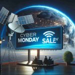 High definition image of a large poster promoting significant discounts on a generic satellite Wi-Fi connectivity kit during a Cyber Monday sale.