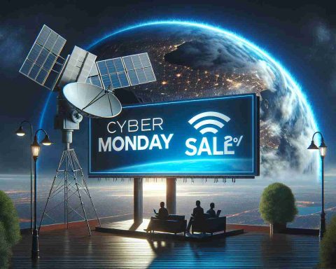 High definition image of a large poster promoting significant discounts on a generic satellite Wi-Fi connectivity kit during a Cyber Monday sale.