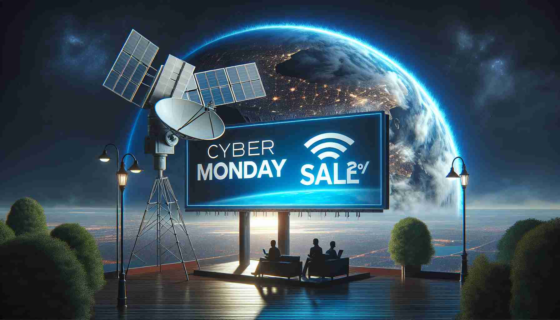 High definition image of a large poster promoting significant discounts on a generic satellite Wi-Fi connectivity kit during a Cyber Monday sale.