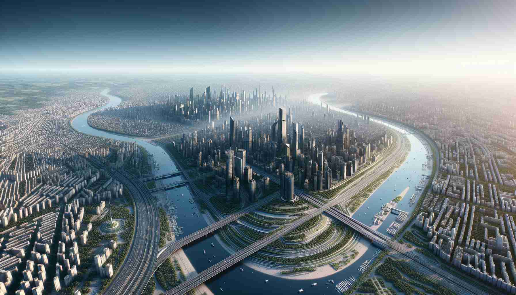 Generate a highly detailed, realistic image of a future metropolis unfolding. The image should present a satellite view of the city of Dnipro, showcasing a seamless transformation from a bustling present-day cityscape to a breathtakingly futuristic urban jungle full of towering skyscrapers, advanced infrastructure, high-speed transportation networks, significant green spaces, and cutting-edge architectural design. The image should represent the city's potential prospects for urban development and technological advancement, offering a glimpse of Dnipro's imagined future.