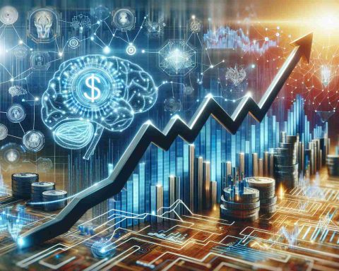 A realistic high-definition image depicting the concept of a tech company's leap in pioneering artificial intelligence in finance. The image shows a symbolic representation of a stock market scene with success graph. Abstract elements can include AI-themed elements such as brain-like networks and futuristic devices, contributing to the portrayal of this tech-powered financial revolution.