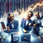 A high-definition, realistic image showing the concept of stock market surge. The image includes elements such as a rising graph to portray the surge, people rejoicing, and briefcases which represent the blue-chip bargain hunters. The people are highly diverse - a middle-eastern woman and a hispanic man, both wearing suits and looking ecstatic as they examine the rising trends on their digital devices. They appear to be in a busy stock market environment, possibly a trading floor, filled with screens showing various financial data.