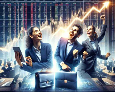 A high-definition, realistic image showing the concept of stock market surge. The image includes elements such as a rising graph to portray the surge, people rejoicing, and briefcases which represent the blue-chip bargain hunters. The people are highly diverse - a middle-eastern woman and a hispanic man, both wearing suits and looking ecstatic as they examine the rising trends on their digital devices. They appear to be in a busy stock market environment, possibly a trading floor, filled with screens showing various financial data.