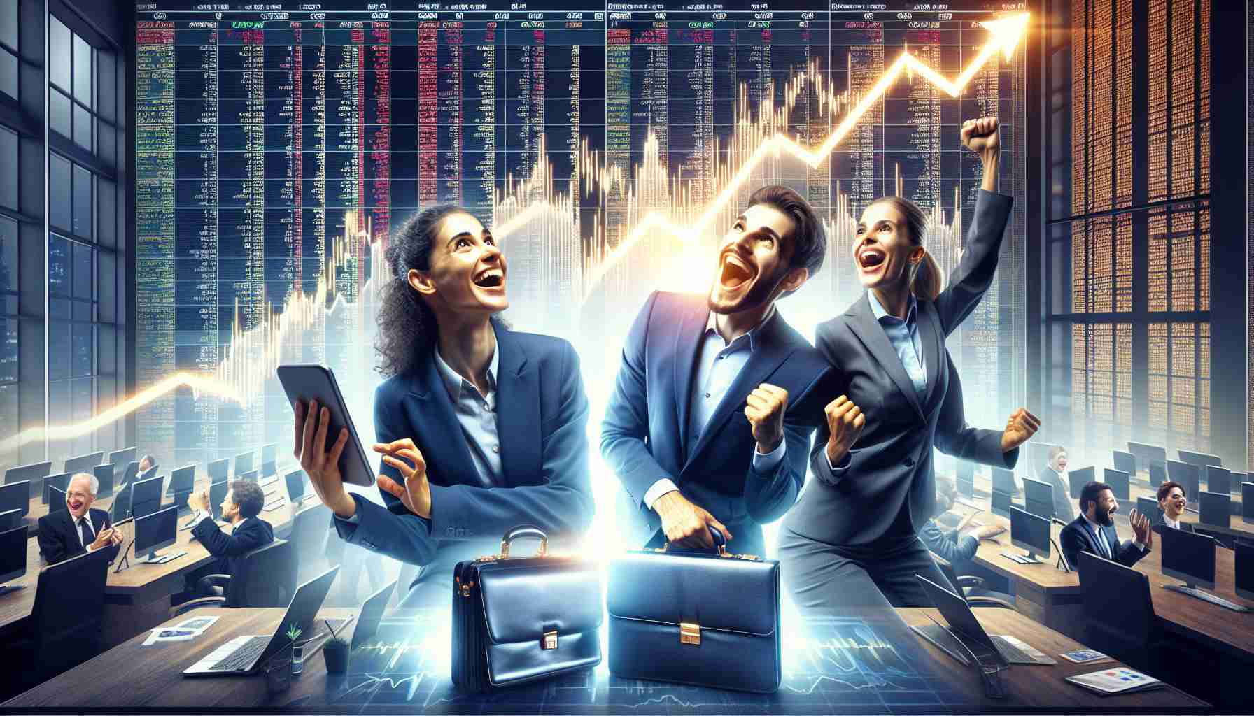 A high-definition, realistic image showing the concept of stock market surge. The image includes elements such as a rising graph to portray the surge, people rejoicing, and briefcases which represent the blue-chip bargain hunters. The people are highly diverse - a middle-eastern woman and a hispanic man, both wearing suits and looking ecstatic as they examine the rising trends on their digital devices. They appear to be in a busy stock market environment, possibly a trading floor, filled with screens showing various financial data.