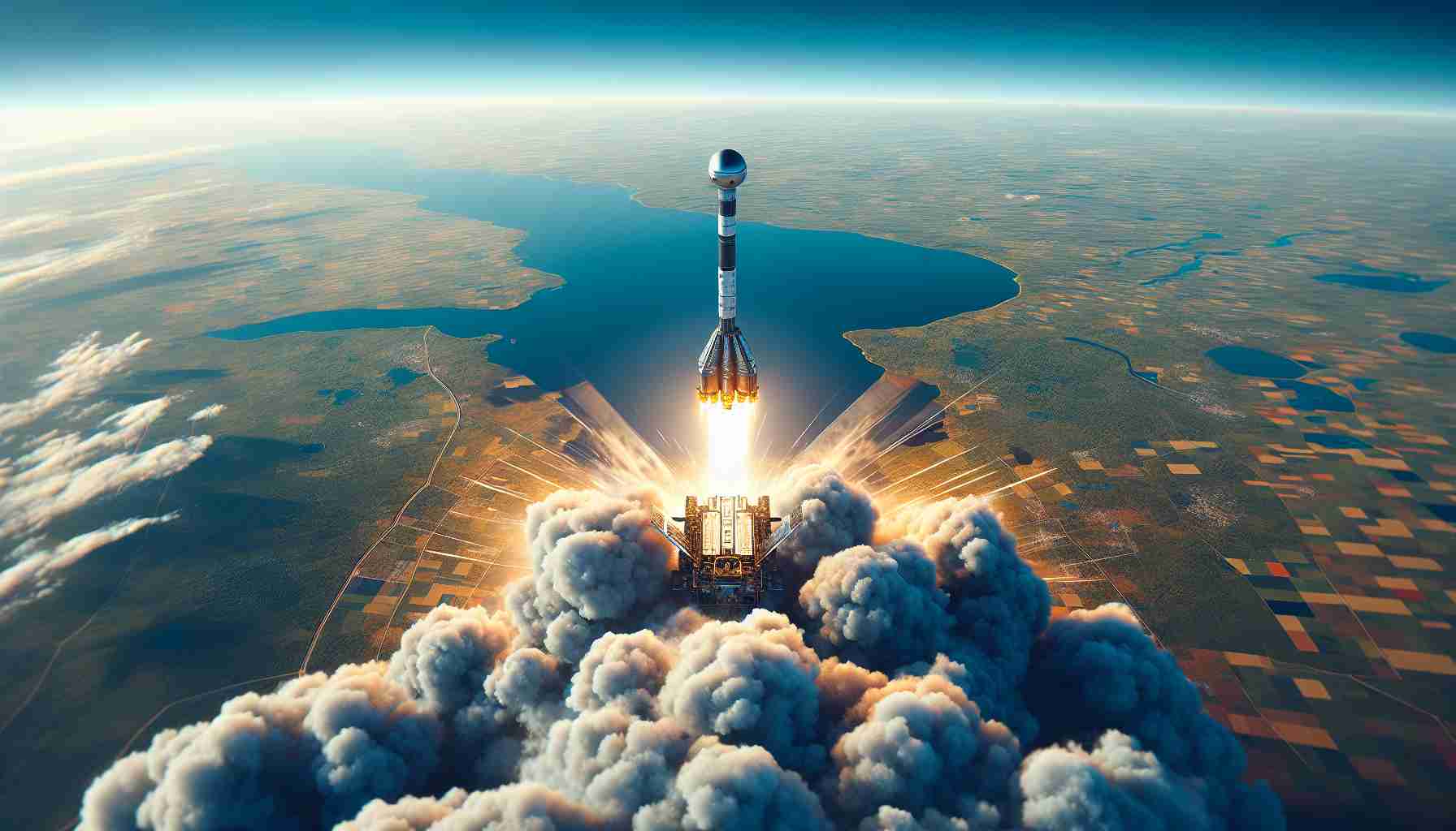 Generate a high-definition, realistic image of a new and revolutionary satellite launch. The setting is Russia, prominently featuring its geographic features from an overhead perspective. The satellite is soaring skywards, leaving a trail of smoke and flame behind it. The moment encapsulates scientific and technological achievement. The surrounding scene is a bright day with a blue sky, accented by the vibrant colors of the landscape below. Note: the satellite is generic, not based on any specific real-life satellite.