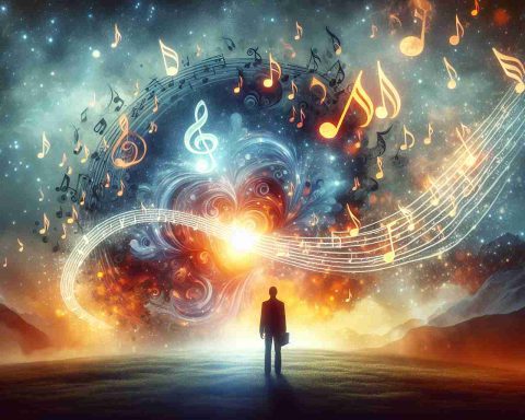 Generate a high-definition, realistic image that symbolizes the healing power of music. The picture could illustrate how melodies and rhythms might influence mental well-being. Possibly include elements such as music notes interacting with a person, perhaps radiating positive energy towards them. Also consider showing an environment that denotes tranquility and peace, to signify healing.