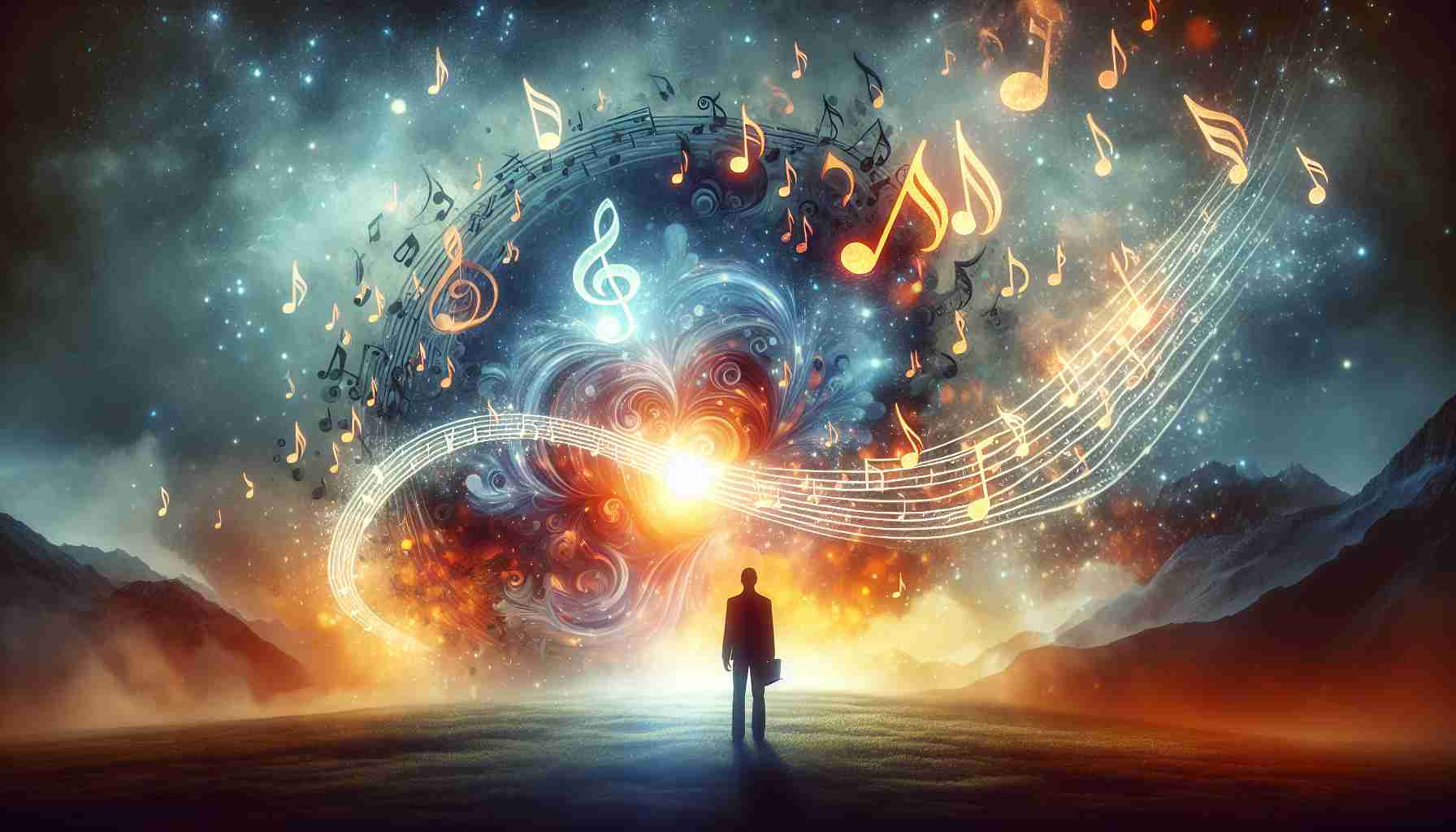 Generate a high-definition, realistic image that symbolizes the healing power of music. The picture could illustrate how melodies and rhythms might influence mental well-being. Possibly include elements such as music notes interacting with a person, perhaps radiating positive energy towards them. Also consider showing an environment that denotes tranquility and peace, to signify healing.