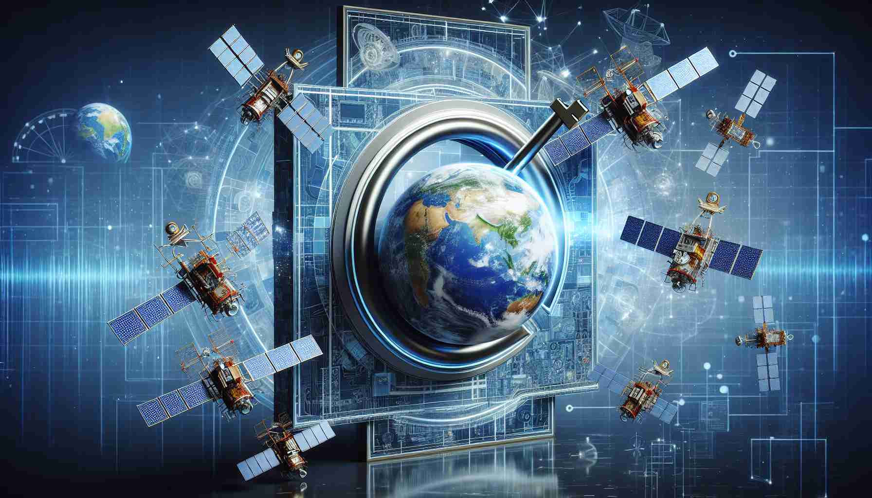 A realistic high-definition image capturing the concept of 'Unlocking the Future' with regard to satellite technology advancements. Pictorial representation can include a symbolic key opening a lock that's designed to represent Earth, surrounded by intricate and advanced satellite models. The background can be a digital backdrop signifying progress and innovation in this technological domain.