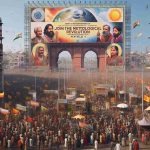 A hyper-realistic, high-definition image of the event 'Join the Meteorological Revolution: AOMSUC-14' taking place in New Delhi, India. The scene should depict a crowd filled with individuals of various descents: Caucasian, Hispanic, Black, Middle-Eastern, and South Asian, both male and female. Backdrop is filled with thematic banners and ornate structures related to the event. The weather is clear, with a vibrant blue sky. The city's historic architecture peeks through in the background.