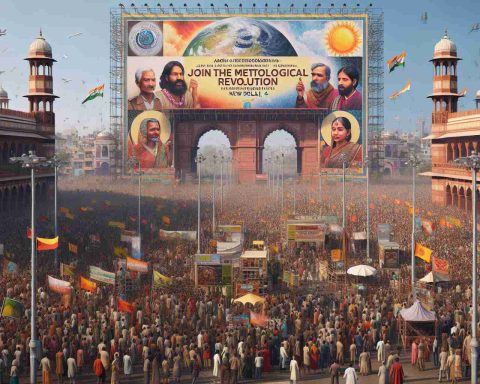 A hyper-realistic, high-definition image of the event 'Join the Meteorological Revolution: AOMSUC-14' taking place in New Delhi, India. The scene should depict a crowd filled with individuals of various descents: Caucasian, Hispanic, Black, Middle-Eastern, and South Asian, both male and female. Backdrop is filled with thematic banners and ornate structures related to the event. The weather is clear, with a vibrant blue sky. The city's historic architecture peeks through in the background.