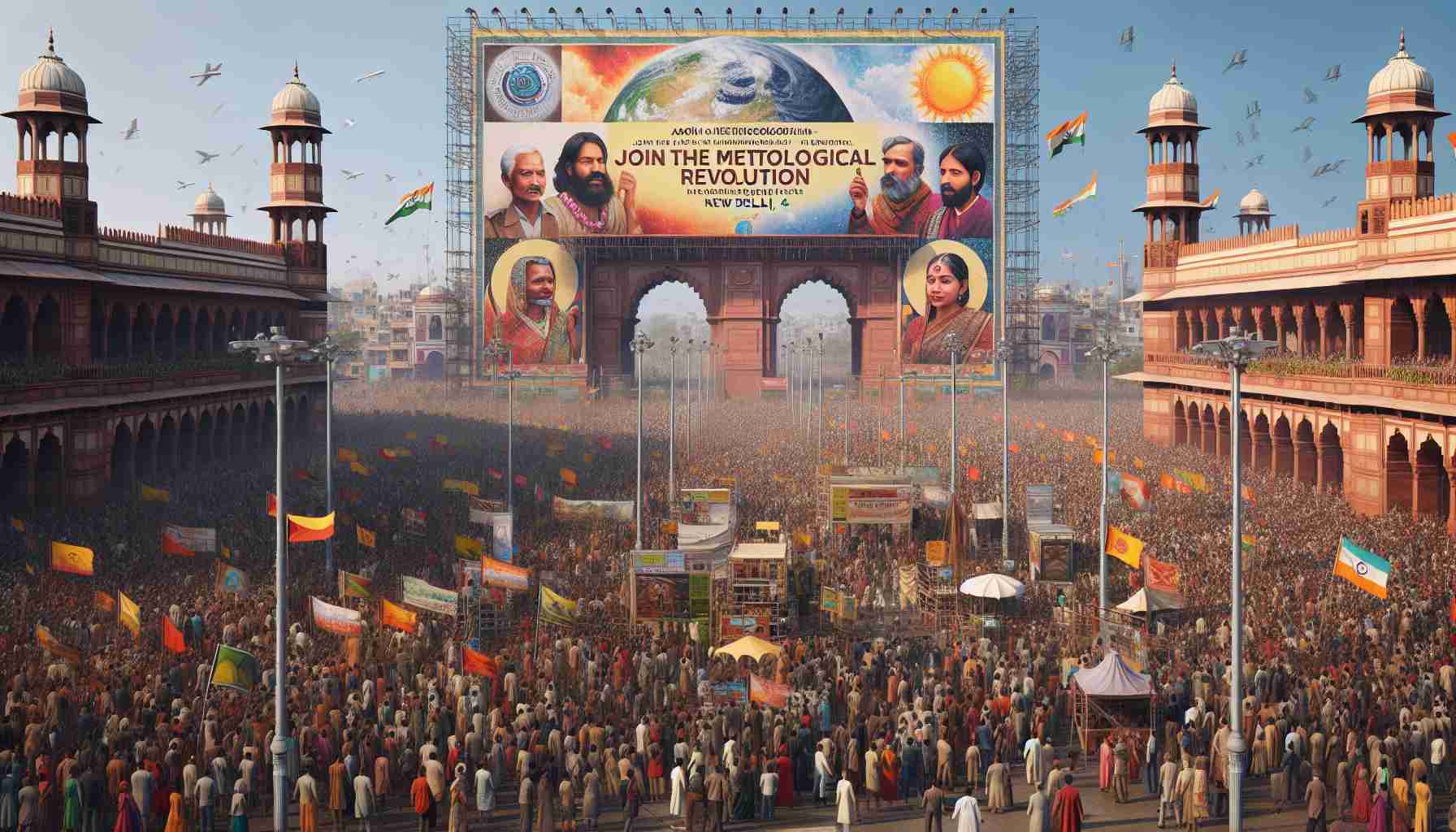 A hyper-realistic, high-definition image of the event 'Join the Meteorological Revolution: AOMSUC-14' taking place in New Delhi, India. The scene should depict a crowd filled with individuals of various descents: Caucasian, Hispanic, Black, Middle-Eastern, and South Asian, both male and female. Backdrop is filled with thematic banners and ornate structures related to the event. The weather is clear, with a vibrant blue sky. The city's historic architecture peeks through in the background.