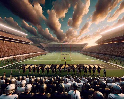 Generate a hyperrealistic, high-definition scene of an epic showdown: the Army football team, dressed in black and gold uniforms, preparing to face off against the UTSA (University of Texas at San Antonio) team, donned in orange and white, in their season's final match. The scene captures the weight of anticipation hanging in the air with an expansive view of the packed stadium, the well-manicured green field covered in evening shadows, and crowds of passionate fans waving their support banners high, waiting with bated breath for the starting whistle.