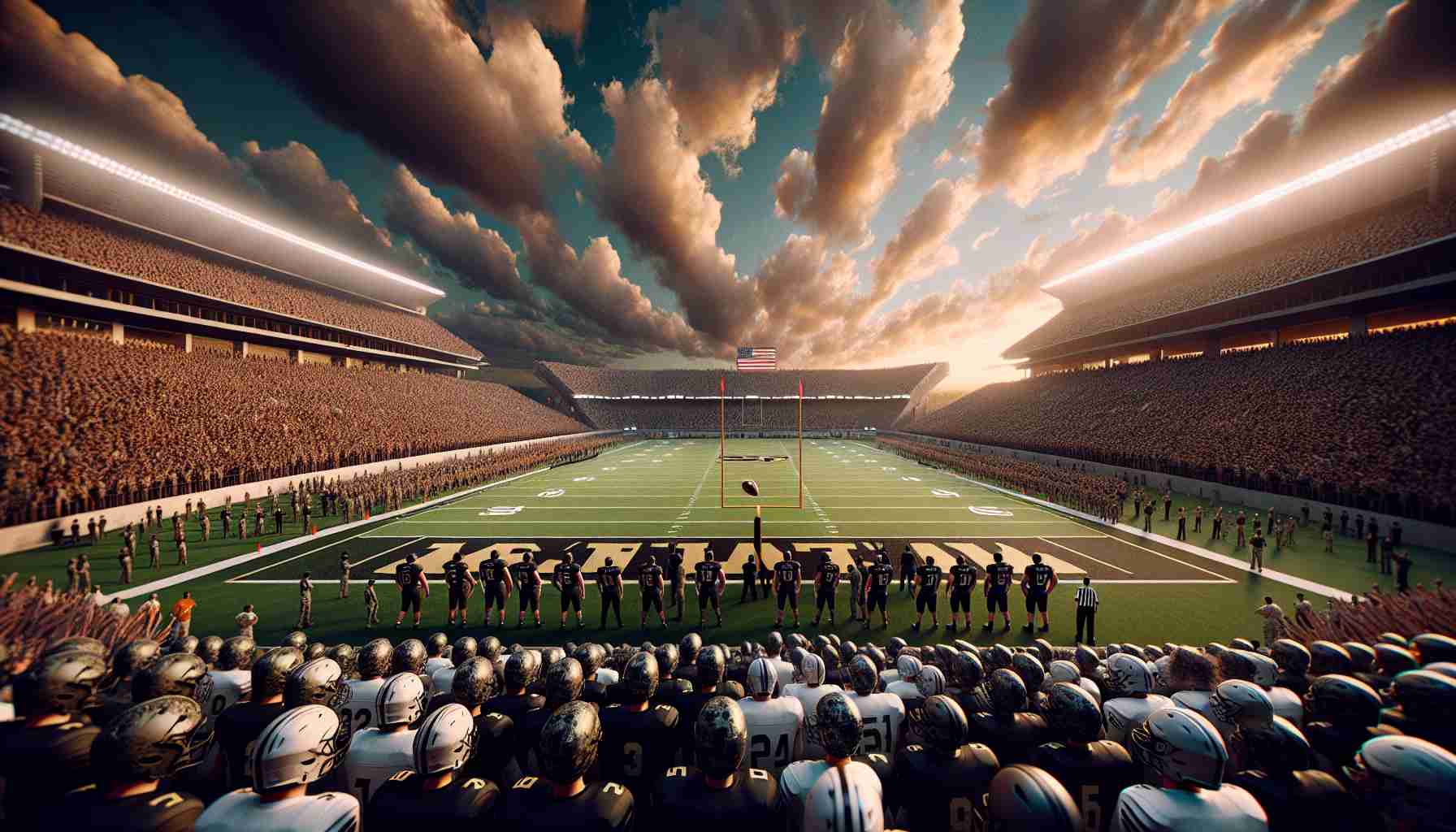 Generate a hyperrealistic, high-definition scene of an epic showdown: the Army football team, dressed in black and gold uniforms, preparing to face off against the UTSA (University of Texas at San Antonio) team, donned in orange and white, in their season's final match. The scene captures the weight of anticipation hanging in the air with an expansive view of the packed stadium, the well-manicured green field covered in evening shadows, and crowds of passionate fans waving their support banners high, waiting with bated breath for the starting whistle.