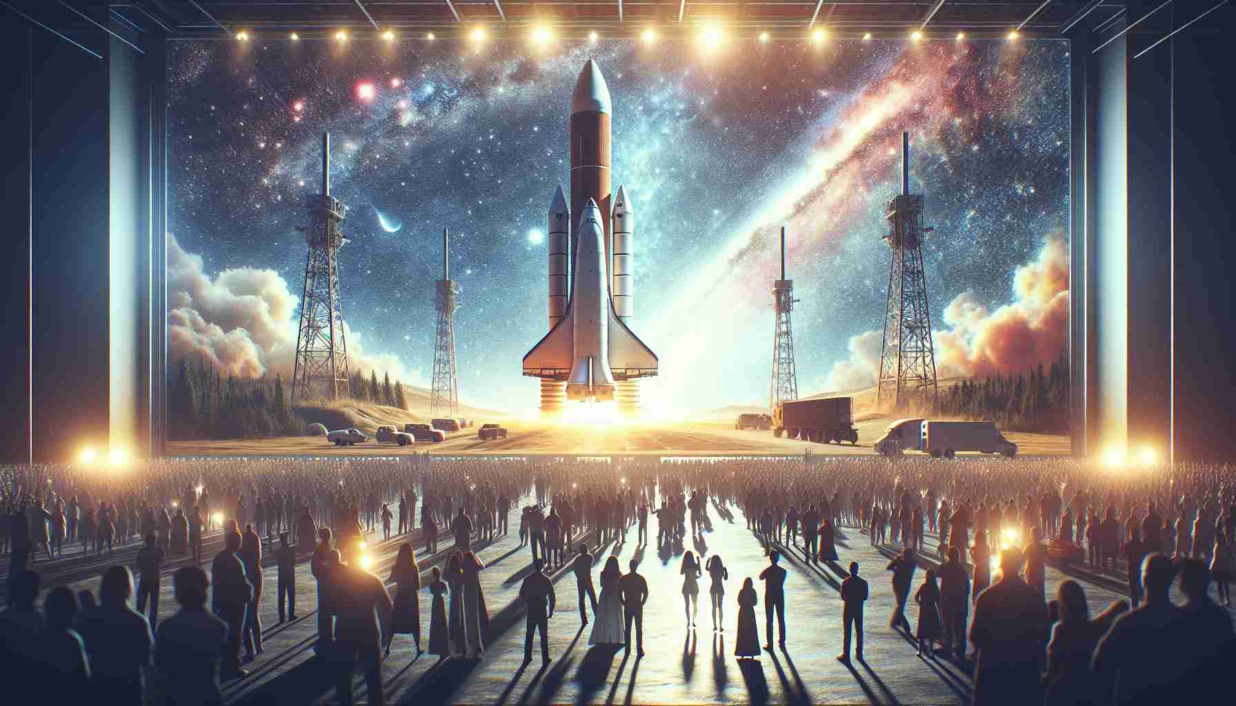 Create a high-definition hyper-realistic portrayal of an upcoming space launch. Depict the surroundings buzzing with anticipation and excitement, showcasing large groups of diverse spectators eagerly awaiting the momentous event. Display the massive rocket, poised for liftoff and projected against the vast open sky that shimmers with the promise of exploration. The title 'Exciting Space Launch Ahead! Are You Ready for This Milestone?' should be prominently featured in the composition.