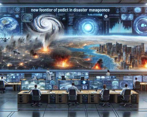 A detailed and realistic high-definition illustration representing the new frontier of Artificial Intelligence in disaster management. Showcase advanced technology's increasing capability to predict nature's wrath. The scene could include scientists utilizing AI technology on massive screens, weather forecasting charts, realistic raging storm visualizations, and emergency response visuals. The setting is in a state-of-the-art control center filled with modern technology.