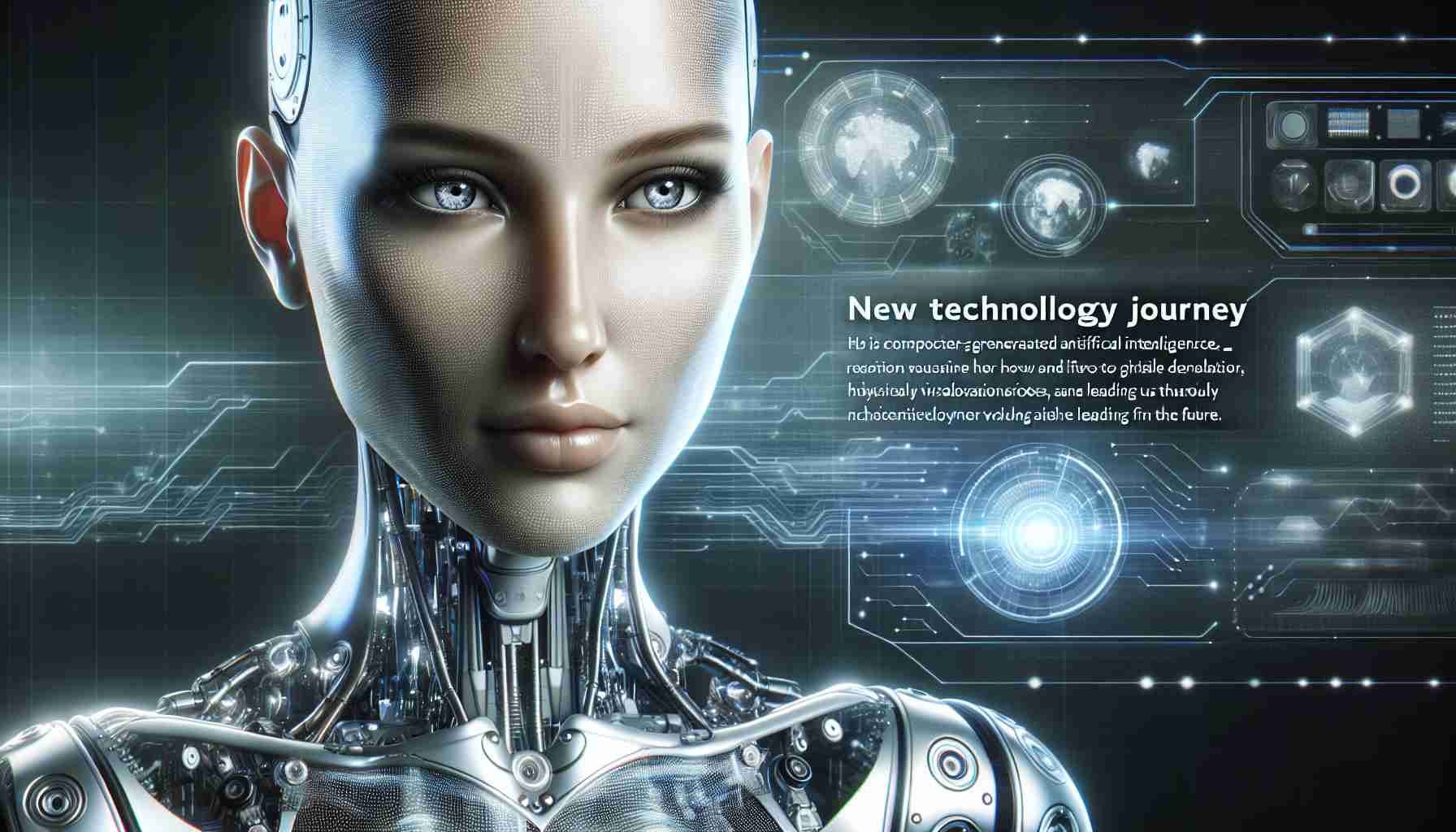 Realistic HD image of a computer-generated artificial intelligence character, designed as a female tech leader leading us into the future. She exudes an air of knowledge and futuristic elegance, and her physical visualizations display cutting-edge technology elements. Learn about her new technology journey.