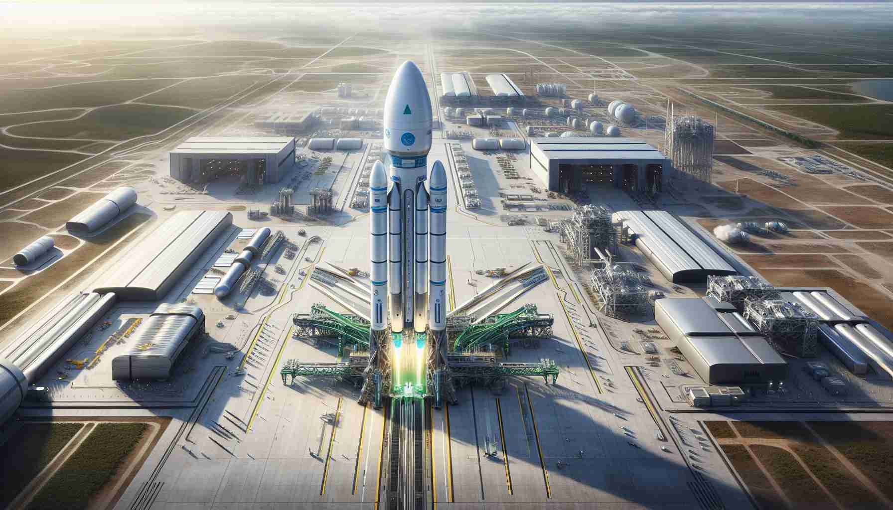 A high definition, realistic image of a pioneering green space travel project. It features a large, cutting-edge rocket sitting on a launch pad, ready for its momentous leap. The underlying focus of the image is the sustainable, eco-friendly approach to space exploration. Around the launch pad, you can see numerous high-tech facilities to support the launch, and a clear, open sky forming the backdrop, signaling boundless opportunities. The name of the operation is intentionally left vague to maintain an aura of mystery and innovation.