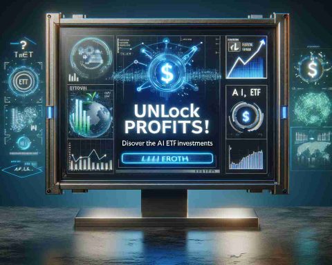 HD image of a futuristic scene, circa 2025, showcasing a digital screen displaying the headline 'Unlock Profits!'. Below that, a subtitle reads 'Discover the Best AI ETF Investments'. Surrounding the screen are symbols and iconography suggestive of successful investments and the advance of artificial intelligence.