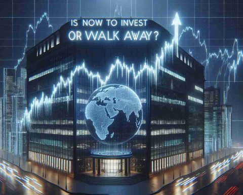 A detailed, realistic, high-definition image of the headquarters of 'Palantir Technologies'. In the foreground, there is a large, illuminated stock chart with a prominent upward trend. Projected over the building and the chart are the words: 'Is Now the Time to Invest or Walk Away?'. The overall atmosphere of the image suggests a moment of decision and uncertainty.