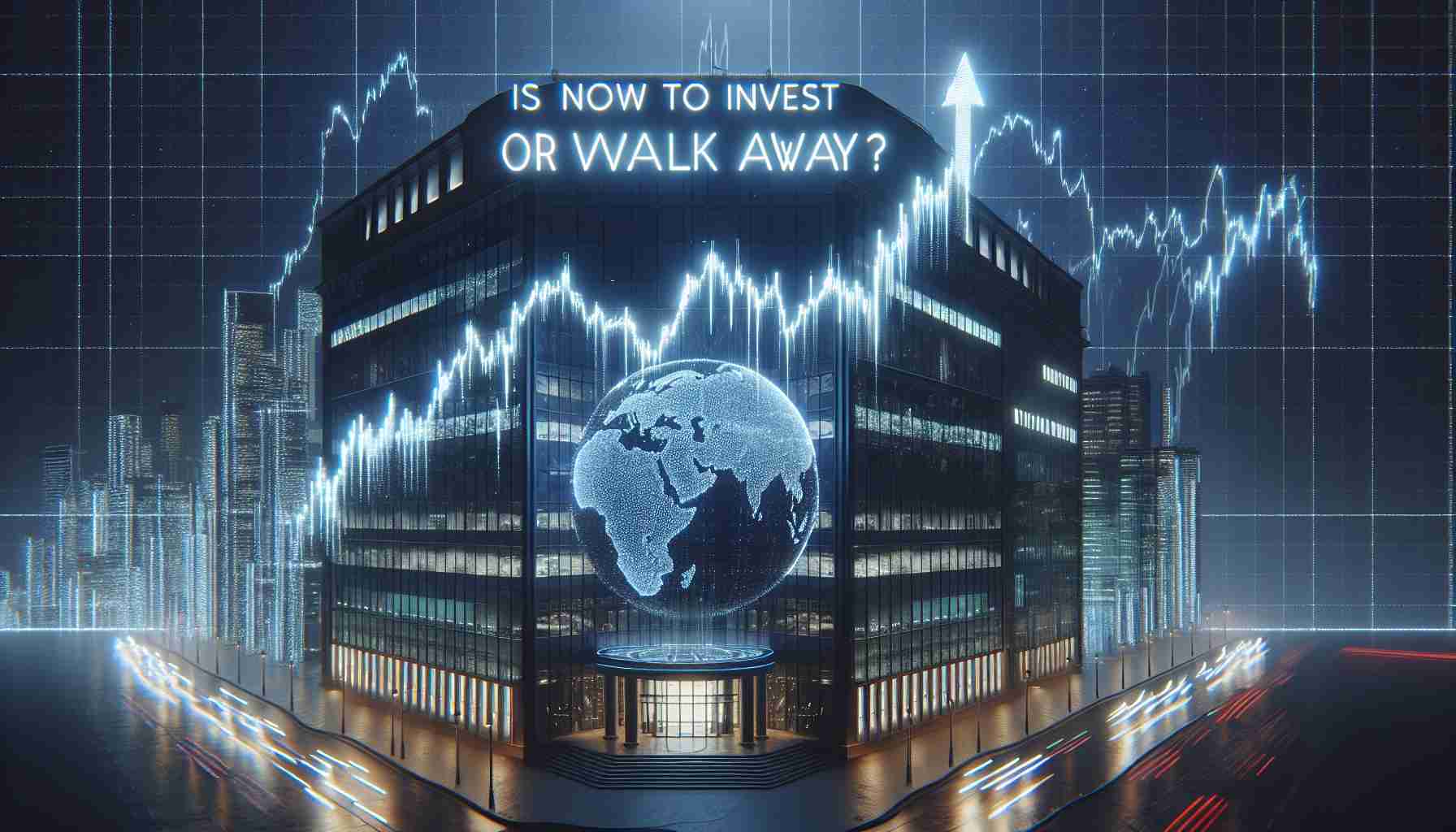 A detailed, realistic, high-definition image of the headquarters of 'Palantir Technologies'. In the foreground, there is a large, illuminated stock chart with a prominent upward trend. Projected over the building and the chart are the words: 'Is Now the Time to Invest or Walk Away?'. The overall atmosphere of the image suggests a moment of decision and uncertainty.