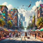 Generate a realistic, high-definition image showcasing the energetic, exceptionally vibrant side of Miami's art culture. Show a dynamic street filled with a myriad of art galleries, expressive murals on buildings, and art sculptures displayed in public spaces. Make sure to incorporate the elements of beach life in Miami, signified by the vibrantly colored umbrellas and surfboards in the backdrop. Include an array of people of different descents, like Hispanic, Black, and White, all interacting and enjoying the cultural spectacle. We also should see small pop-up stalls selling hand-crafted items and street artists performing their exceptional skills.