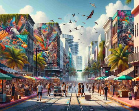 Generate a realistic, high-definition image showcasing the energetic, exceptionally vibrant side of Miami's art culture. Show a dynamic street filled with a myriad of art galleries, expressive murals on buildings, and art sculptures displayed in public spaces. Make sure to incorporate the elements of beach life in Miami, signified by the vibrantly colored umbrellas and surfboards in the backdrop. Include an array of people of different descents, like Hispanic, Black, and White, all interacting and enjoying the cultural spectacle. We also should see small pop-up stalls selling hand-crafted items and street artists performing their exceptional skills.