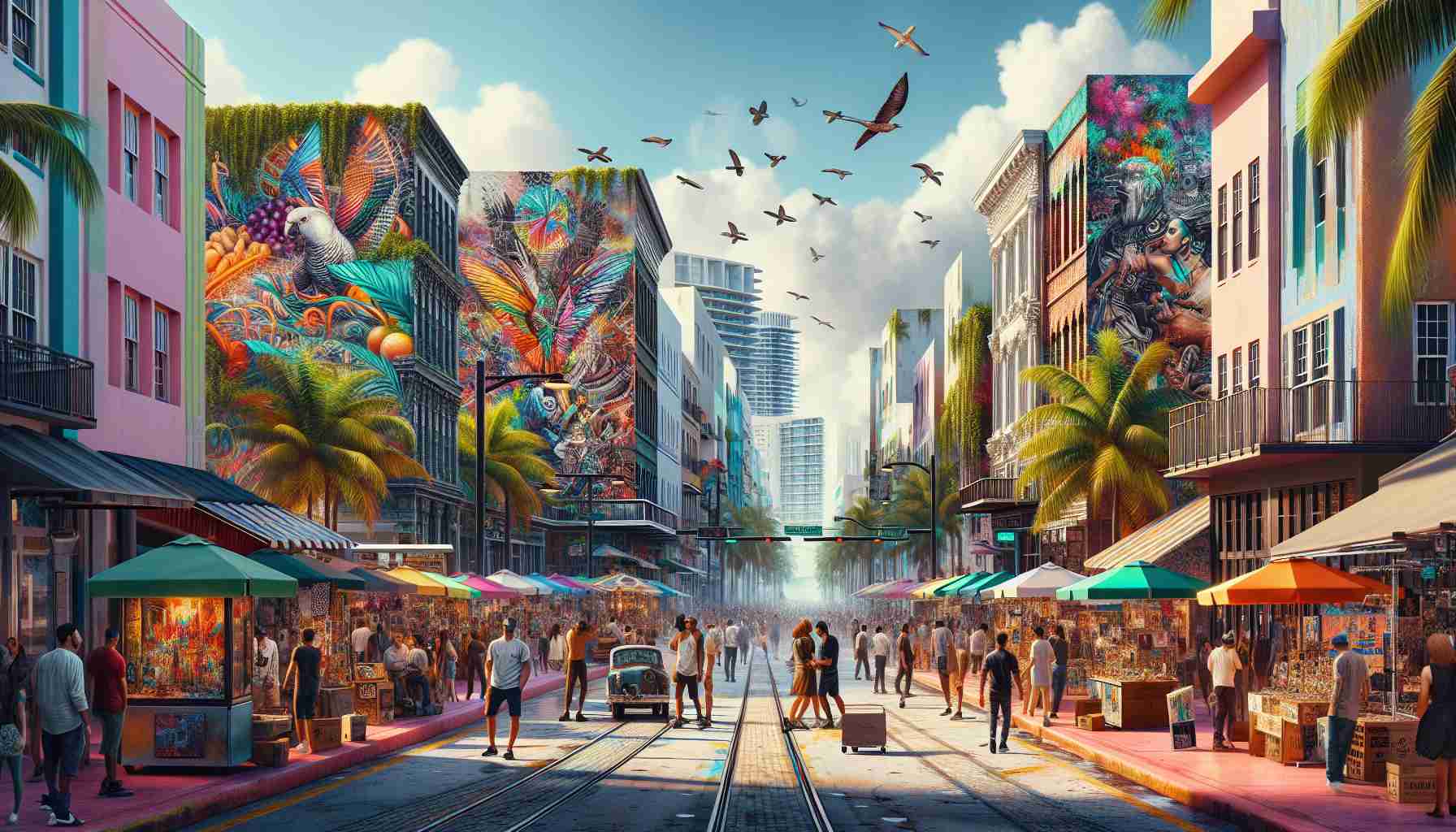 Generate a realistic, high-definition image showcasing the energetic, exceptionally vibrant side of Miami's art culture. Show a dynamic street filled with a myriad of art galleries, expressive murals on buildings, and art sculptures displayed in public spaces. Make sure to incorporate the elements of beach life in Miami, signified by the vibrantly colored umbrellas and surfboards in the backdrop. Include an array of people of different descents, like Hispanic, Black, and White, all interacting and enjoying the cultural spectacle. We also should see small pop-up stalls selling hand-crafted items and street artists performing their exceptional skills.