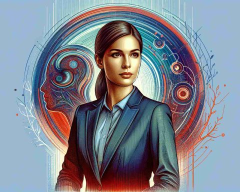 Generate a detailed and realistic illustration of an accomplished female finance executive, steering towards future technology visions. She stands in front of an abstract composition symbolising AI and data sciences. These elements subtly hint towards the next significant step in technology. Please note, she should not resemble any specific real-world individual.