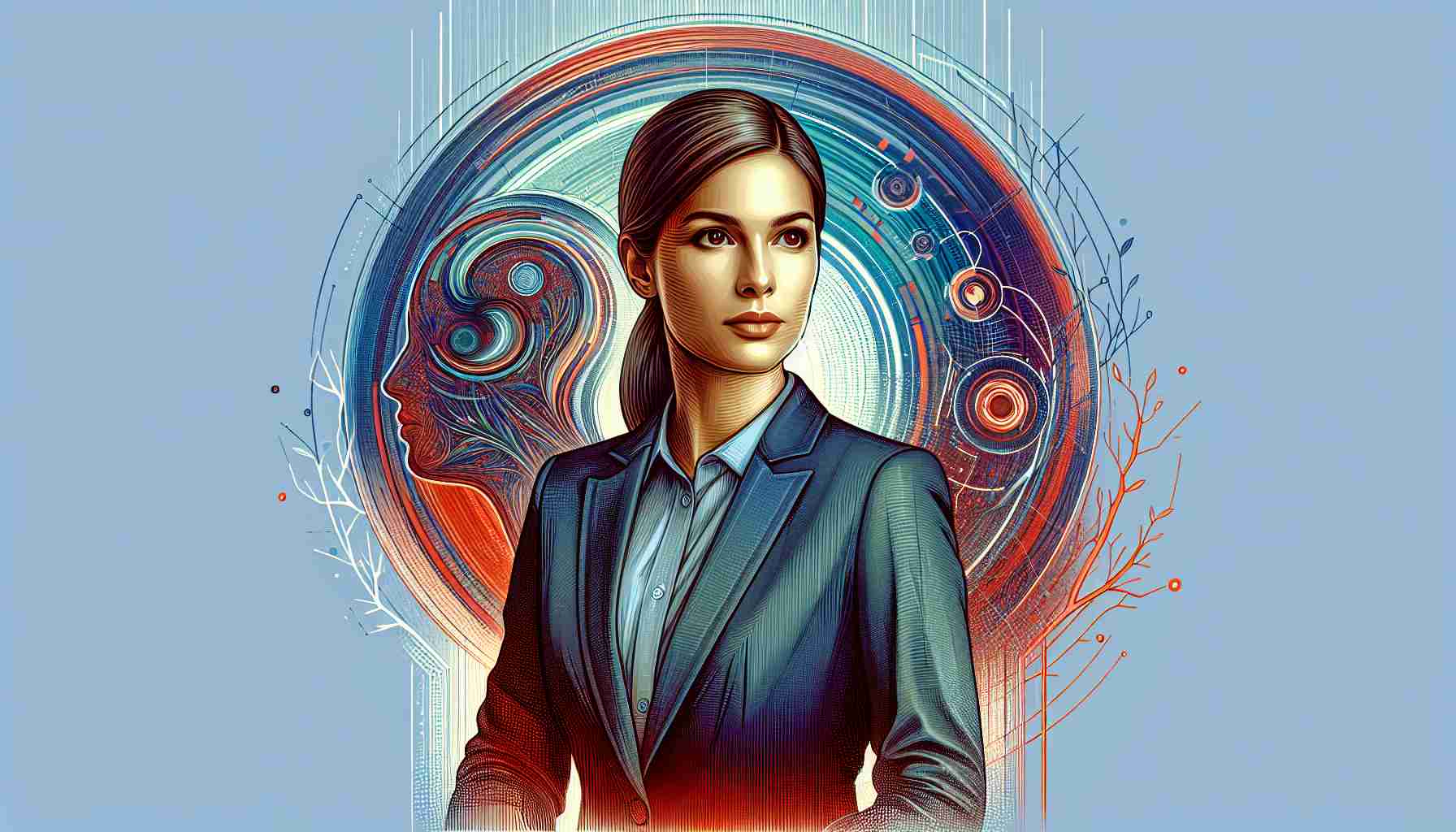 Generate a detailed and realistic illustration of an accomplished female finance executive, steering towards future technology visions. She stands in front of an abstract composition symbolising AI and data sciences. These elements subtly hint towards the next significant step in technology. Please note, she should not resemble any specific real-world individual.