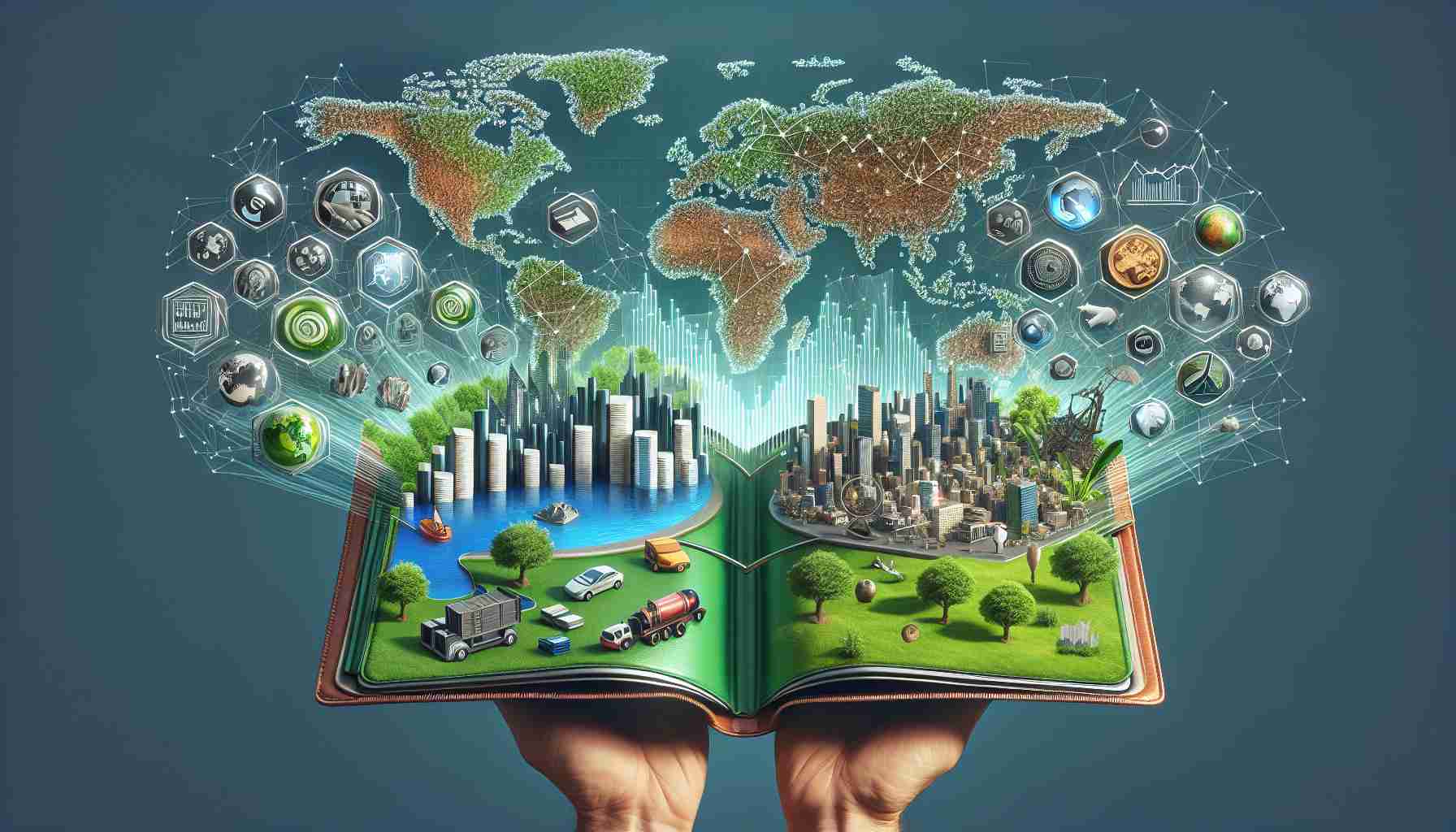 A detailed, high resolution image illustrating the unseen impact of investments on the world. It should visually represent how a diversified portfolio can influence various global aspects, such as technology advancements, infrastructure improvements, environmental conservation, and socio-economic growth. Use symbols such as world map, a variety of technological devices, diverse cityscapes, green landscapes, and graph showing the portfolio performance. All these elements coming out from an opened portfolio to signify the influence.