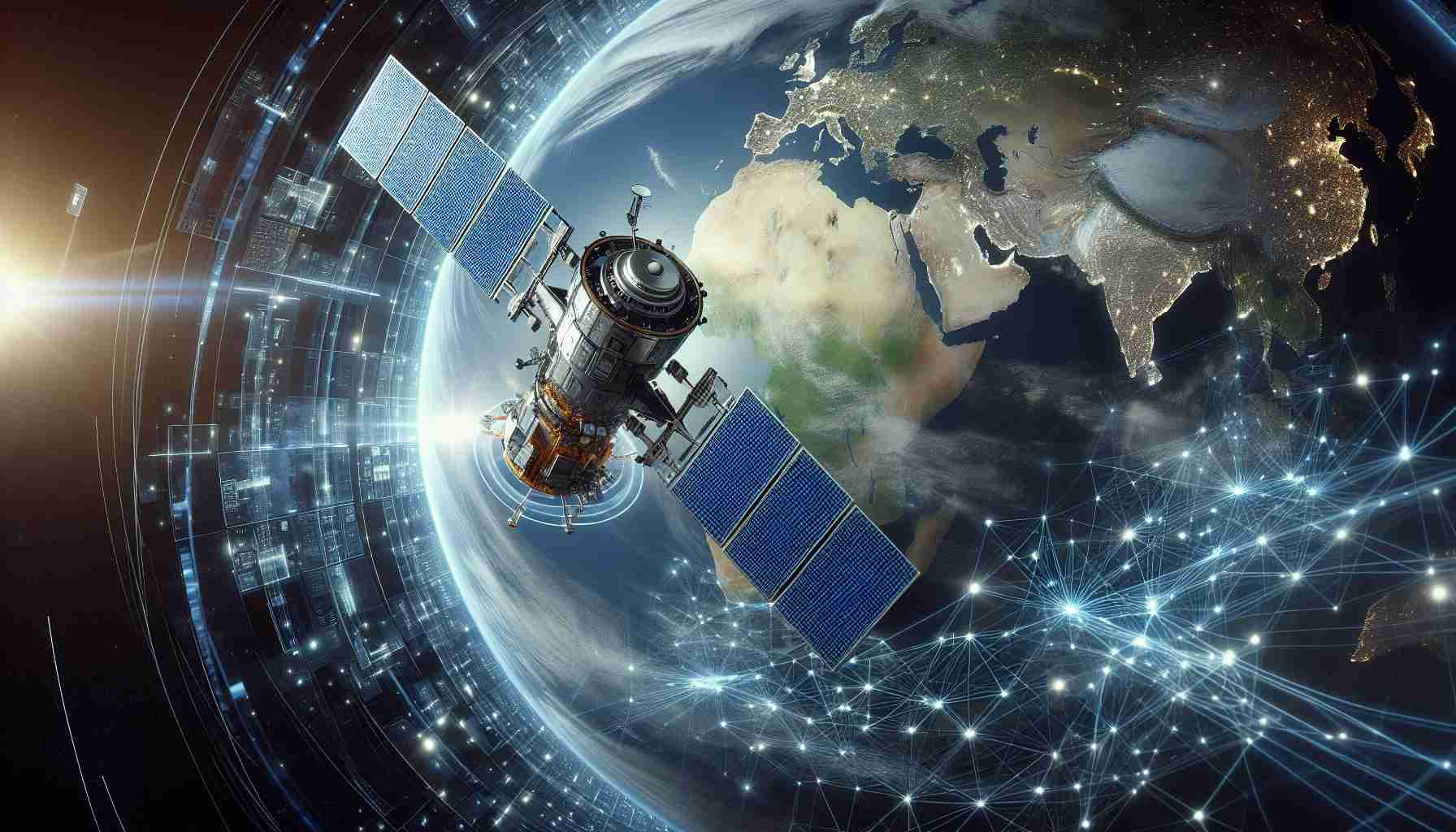 Depict a realistic high-definition image of a state-of-the-art satellite in space, symbolizing a potential transformative impact on global digital landscapes. The satellite is sleek, futuristic, and equipped with advanced technologies. It's surrounded by a myriad of digital signals representing connectivity and data transmission on a worldwide scale. Also, the planet Earth is visible in the background, painted with an array of international borders and digital infrastructures, indicating readiness for this technological revolution.