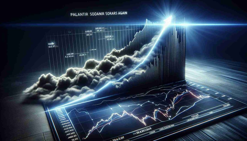 A realistic and high-definition image showcasing a conceptual representation of a 'soaring' financial chart. The chart shows a company's stock named 'Palantir Soars Again' skyrocketing to unprecedented heights. This dramatic climb is boosted by a new positive rating in 'cloud security'. The chart could be set against a contrasting backdrop to enhance the 'rise', perhaps a dark color gradient. Do note this is a financial concept and not based on any particular company's performance. Things such as the company logo, the ticker symbol, and other detailed financial information could be displayed along with the chart.