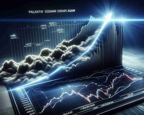 A realistic and high-definition image showcasing a conceptual representation of a 'soaring' financial chart. The chart shows a company's stock named 'Palantir Soars Again' skyrocketing to unprecedented heights. This dramatic climb is boosted by a new positive rating in 'cloud security'. The chart could be set against a contrasting backdrop to enhance the 'rise', perhaps a dark color gradient. Do note this is a financial concept and not based on any particular company's performance. Things such as the company logo, the ticker symbol, and other detailed financial information could be displayed along with the chart.