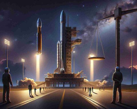 A detailed, high-definition yet lifelike illustration of the future of space exploration. In the foreground, there is a Space Launch System (SLS) being prepared for take-off. It's poised elegantly on the launch pad, under bright lights that cast long, intense shadows. The sky is painted in shades of deep twilight with the stars beginning to emerge. In the background, there's a sense of both anticipation and uncertainty, hinted through an imposing scale being precariously balanced. Remember, this image is a metaphorical representation of how NASA's future could hang in the balance, where the SLS is possibly at risk.