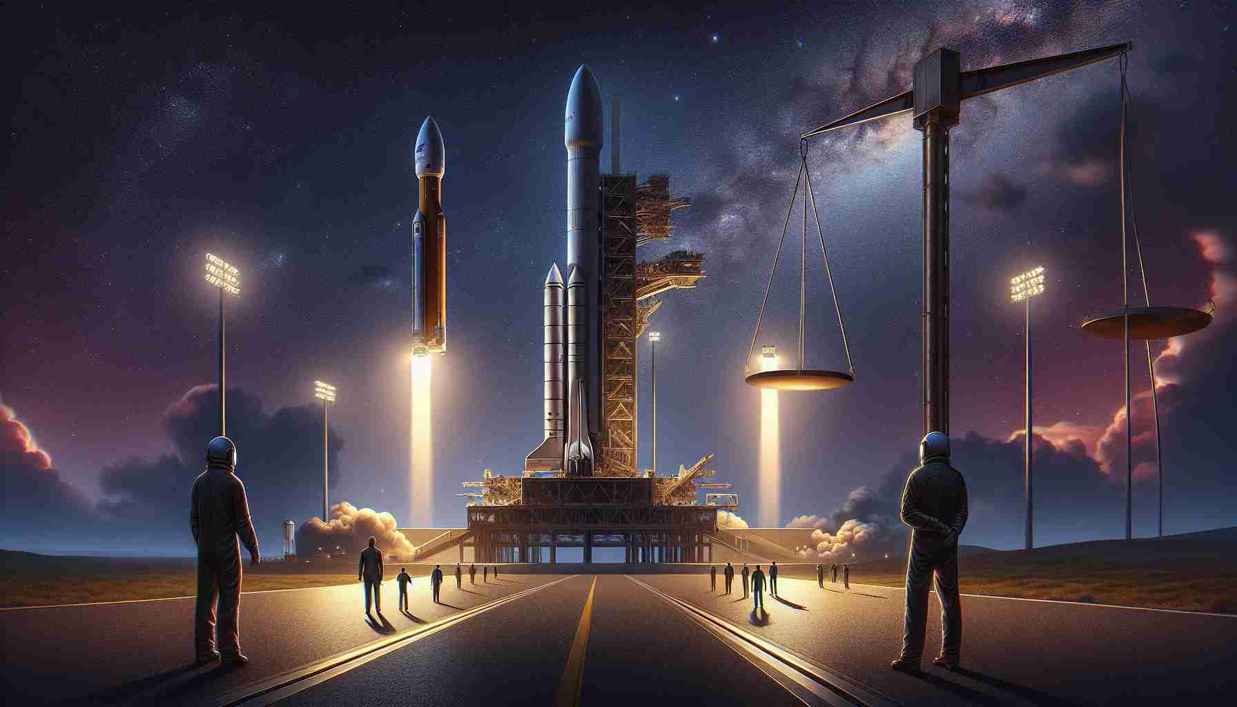 A detailed, high-definition yet lifelike illustration of the future of space exploration. In the foreground, there is a Space Launch System (SLS) being prepared for take-off. It's poised elegantly on the launch pad, under bright lights that cast long, intense shadows. The sky is painted in shades of deep twilight with the stars beginning to emerge. In the background, there's a sense of both anticipation and uncertainty, hinted through an imposing scale being precariously balanced. Remember, this image is a metaphorical representation of how NASA's future could hang in the balance, where the SLS is possibly at risk.