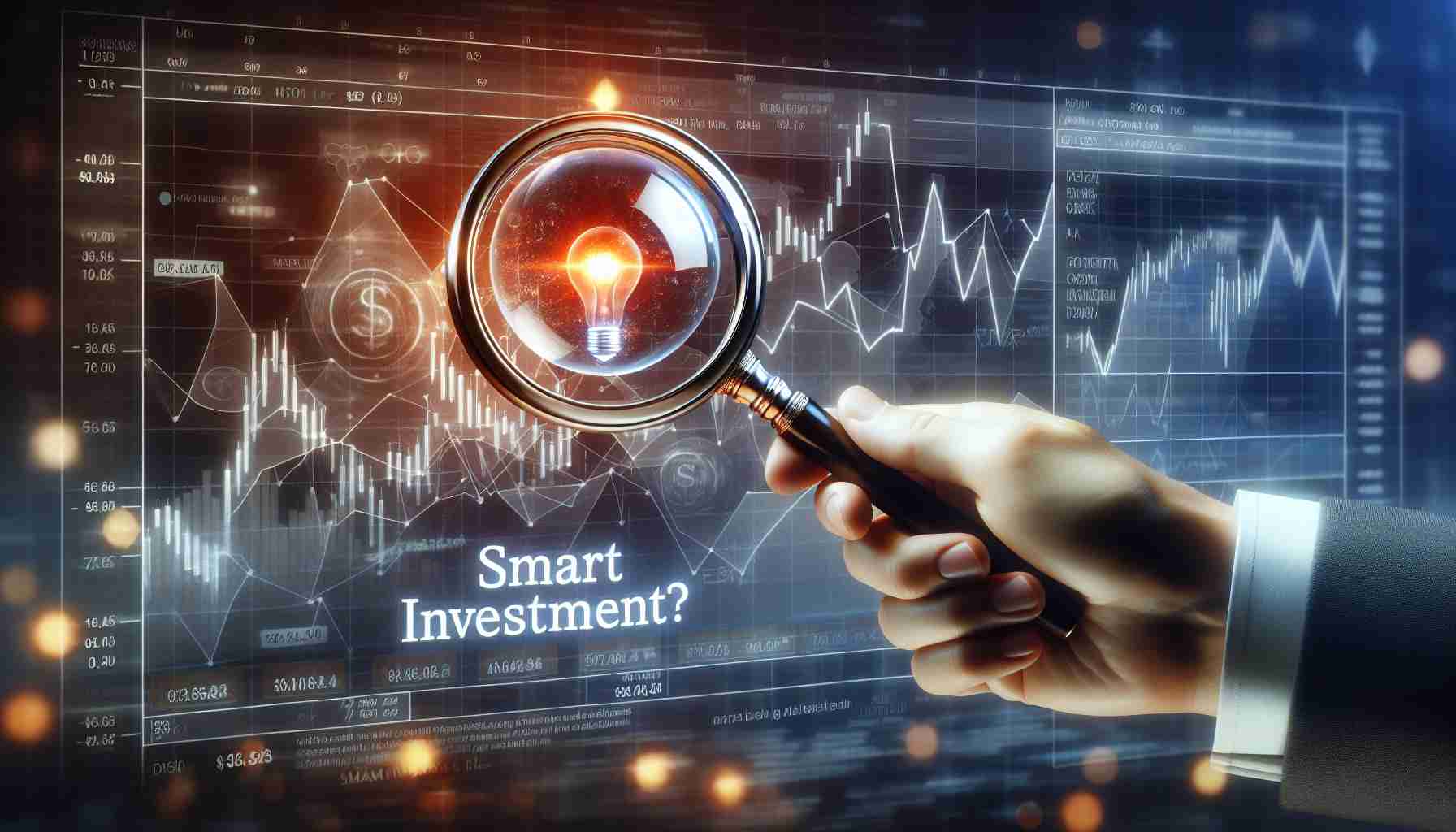 A realistic HD image of the concept of investing in a stock, symbolized by a magnifying glass hovering over a stock chart with the words 'Smart Investment?' written underneath. Importance is emphasized by an abstract representation of a glowing orb, akin to a fantasy 'Palantir', on one side of the image. The overall tone should convey contemplation and decision-making regarding investments.