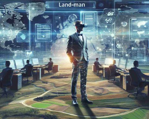 Generate a high-definition, realistic image representing the future of land management. Picture a professional individual titled 'Landman' at the forefront. This individual could be using modern tools and systems to manage and analyze the terrain, possibly standing in the midst of a high-tech office with digital maps and screens, interconnected with advanced AI systems. This scene should capture the progressive, innovative nature of this field, showing a harmonious blend of technology and nature.