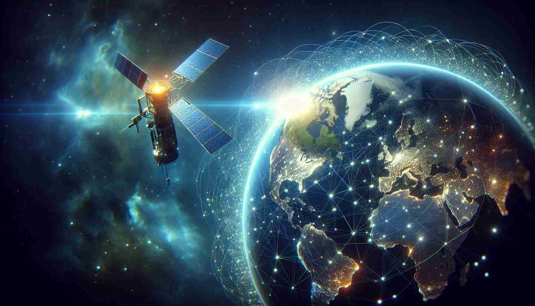 High definition, realistic visual interpretation of a cosmic technology revolution! Picture satellite-assisted global connectivity, represented by a network of glowing nodes and lines symbolizing data transfer. In the sky, portray a collection of artificial satellites, akin to the concept behind star-based internet projects. Couple this with an Earth viewed from space, continents glowing with activity. Include the ethereal beauty of outer space as the background. Note: this doesn't depict any specific company's project, but an overall representation of the idea.