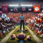 High-definition scene depicting an intense matchup between two historic rival football teams. One team wears the colors and emblems suggestive of South Carolina and the other aligns with Clemson. The football field reflects the high stakes atmosphere with a packed crowd, detailed expressions of players in their helmets and jerseys, coaches observing from sidelines, and referees maintaining order. Ensure the uniforms do not infringe on copyright through alteration. Closeup shots of the ball, cheering crowds, and flags emblazoned with symbols hinting at the teams' identities add to the richness and intensity of the rivalry.