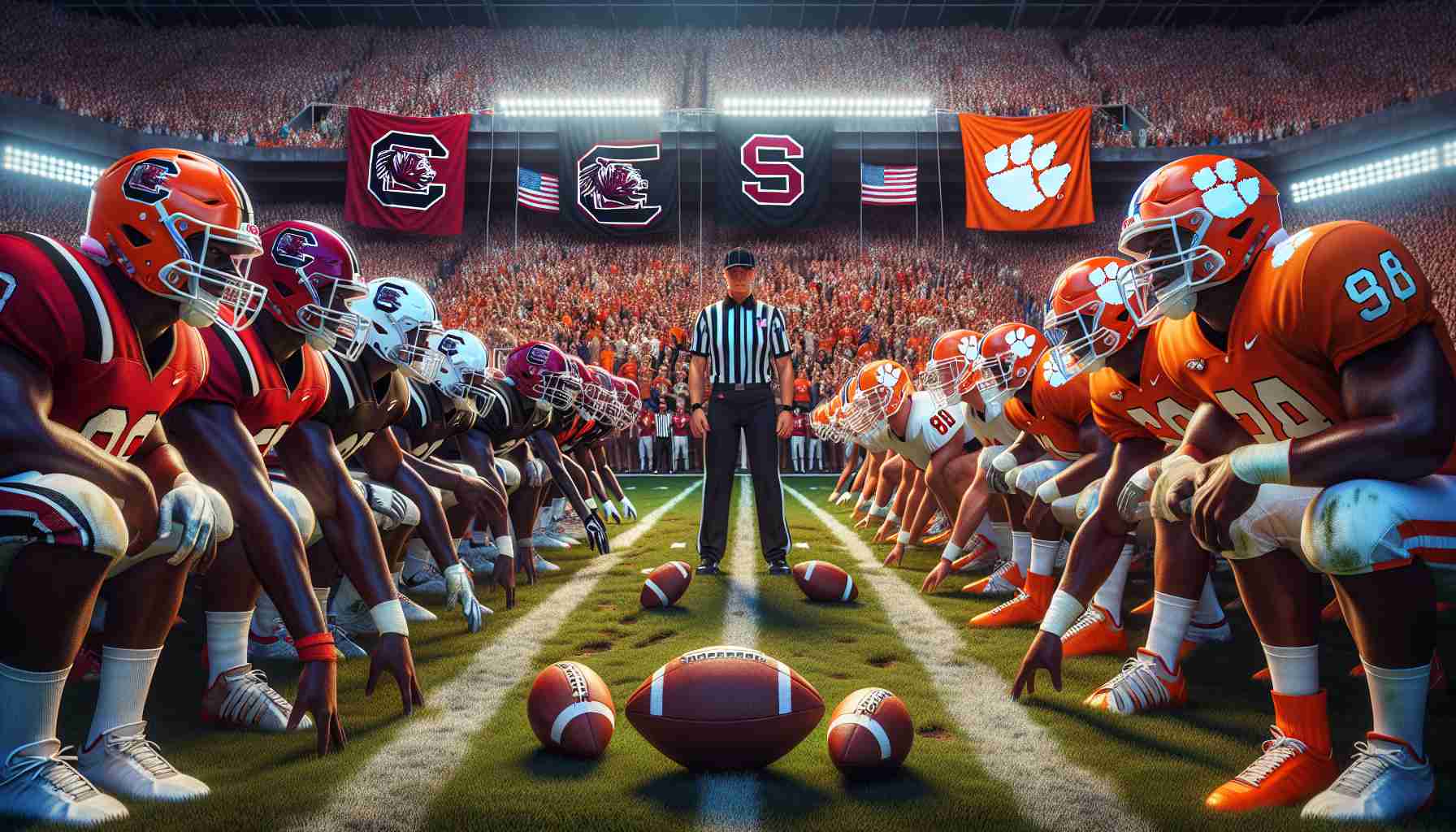 High-definition scene depicting an intense matchup between two historic rival football teams. One team wears the colors and emblems suggestive of South Carolina and the other aligns with Clemson. The football field reflects the high stakes atmosphere with a packed crowd, detailed expressions of players in their helmets and jerseys, coaches observing from sidelines, and referees maintaining order. Ensure the uniforms do not infringe on copyright through alteration. Closeup shots of the ball, cheering crowds, and flags emblazoned with symbols hinting at the teams' identities add to the richness and intensity of the rivalry.