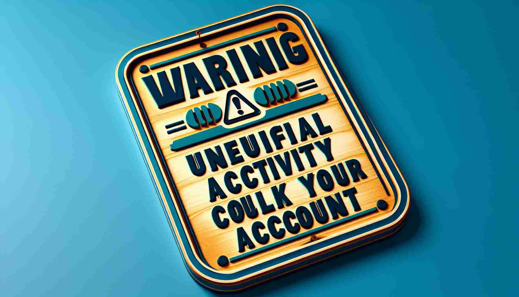 A detailed, high-definition image of a warning sign. The sign features bold, crisp letters that proclaim, 'Warning: Unusual Activity Could Lock Your Account'. The warning sign is designed in a classic style, with a border and a notable warning symbol at the top. The background colour is vibrant and distinct, drawing viewer's attention to the sign and its message. The sign is placed in a well-lit environment, for clarity and precision of the details.