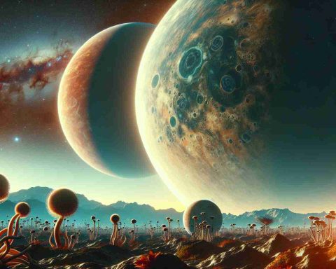 Generate a realistic, high-definition image representing the concept of life on exoplanet TRAPPIST-1 b. The image should vividly depict the surprising nature of such a discovery. Maybe include extraterrestrial flora and fauna that could potentially exist on such a planet, teeming with biodiverse life forms, against a backdrop of alien landscapes and skies, giving a sense of awe and intrigue.