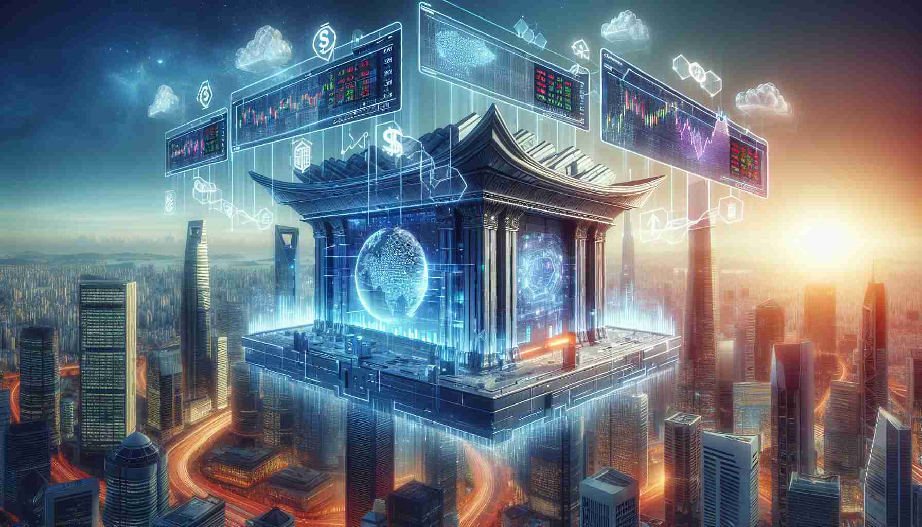 Create a high-definition realistic representation of the future of trading disrupting traditional markets. The picture should showcase an innovative online trading platform, symbolized by a futuristic exchange building with digital screens displaying live changing stocks, cryptocurrencies, and commodities. The background should depict iconic symbols of traditional trading methods being overshadowed by this new era of digital trading.