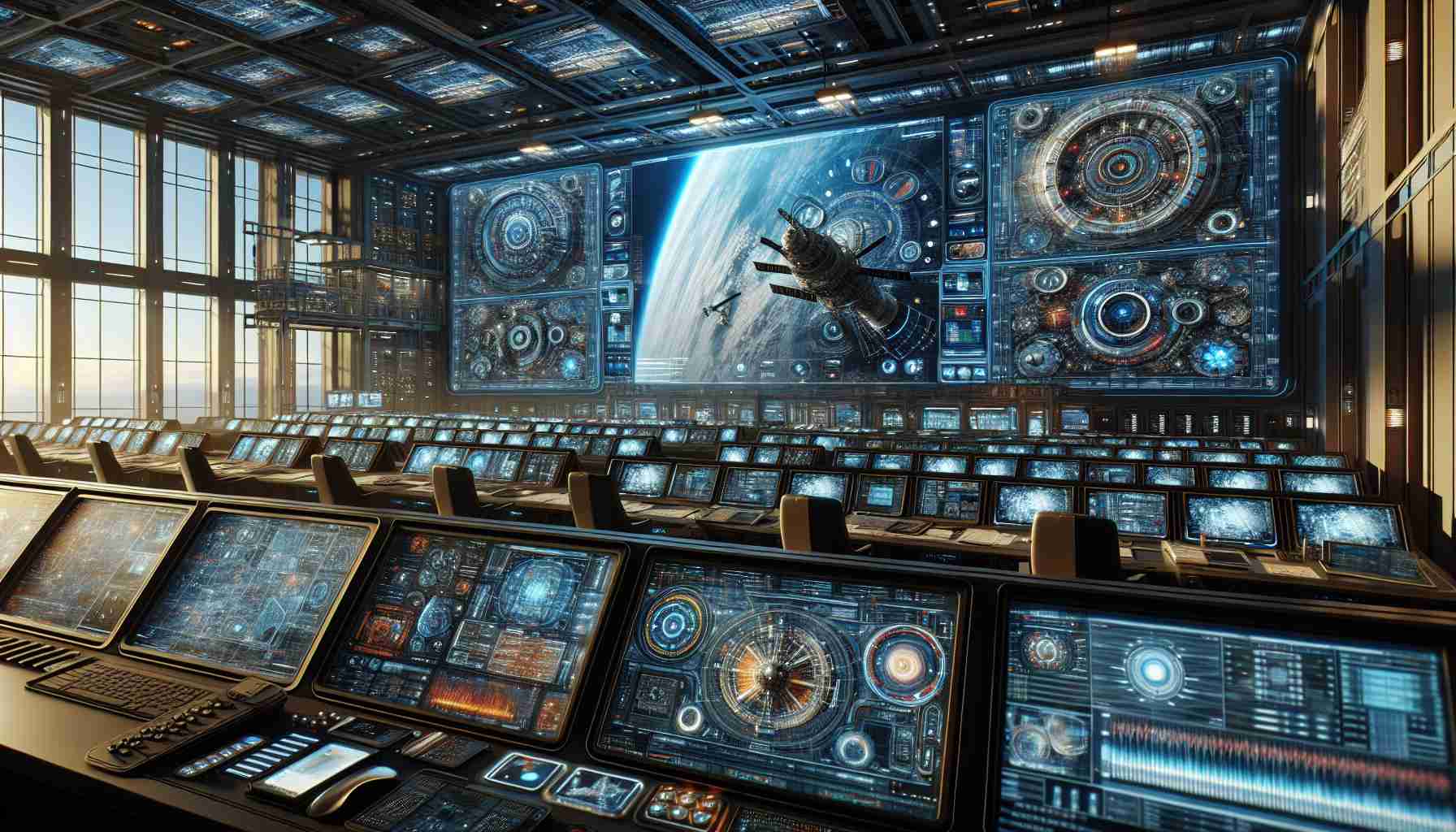 High-definition realistic rendering of how the future of Medium Earth Orbit (MEO) satellite terminals might look. Envision it complete with screens depicting various analytics, intricate mechanisms, and state-of-the-art equipment. This setup is nestled in a bustling command center that is navigating the complexities of a highly volatile market.