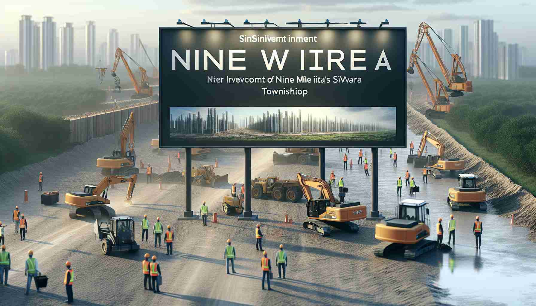 A high-definition, realistic image featuring a large sign or banner announcing a significant investment for the development of Nine Mile Saivara Township. In the background, show early indicators of development with excavators, cranes, and other construction machinery working on prepared land. Convey a feeling of optimism and progress. Include some workers wearing safety helmets and bright neon yellow or orange jackets for safety. The atmosphere is active and full of hope and anticipation.