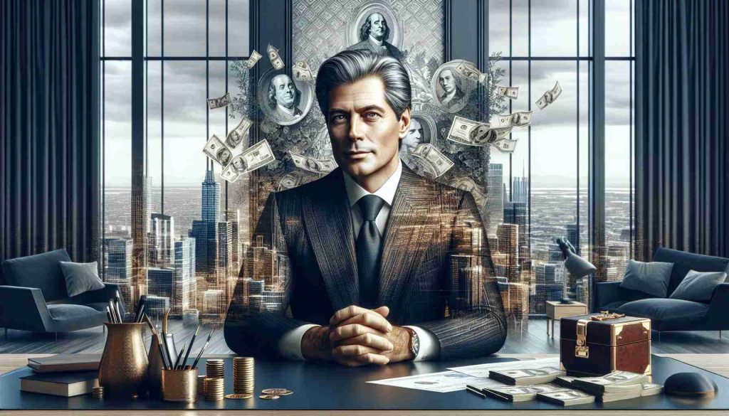 A highly detailed and realistic image of an exceedingly wealthy individual amidst symbols of opulence and success, such as a luxuriously furnished office with a panoramic view of a metropolitan skyline. The man should be depicted as middle-aged, with greying hair, a professional suit, radiating a sense of confidence and accomplishment.