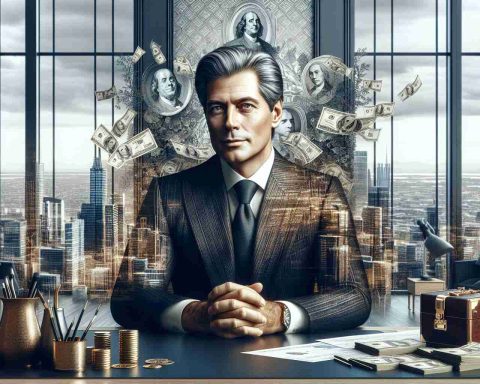 A highly detailed and realistic image of an exceedingly wealthy individual amidst symbols of opulence and success, such as a luxuriously furnished office with a panoramic view of a metropolitan skyline. The man should be depicted as middle-aged, with greying hair, a professional suit, radiating a sense of confidence and accomplishment.