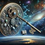 Realistic, high-definition image of a mission named 'Unlocking the Cosmos: Bold Bandwagon-2'. Let this mission be symbolized by a large, intricate key metaphorically 'unlocking' a cosmic background filled with stars, galaxies, and celestial bodies. The key itself should be beautifully designed with details representing scientific and astronomical symbols. Amidst the backdrop, there should be a bandwagon floating, symbolizing the daring nature of this space exploration mission.